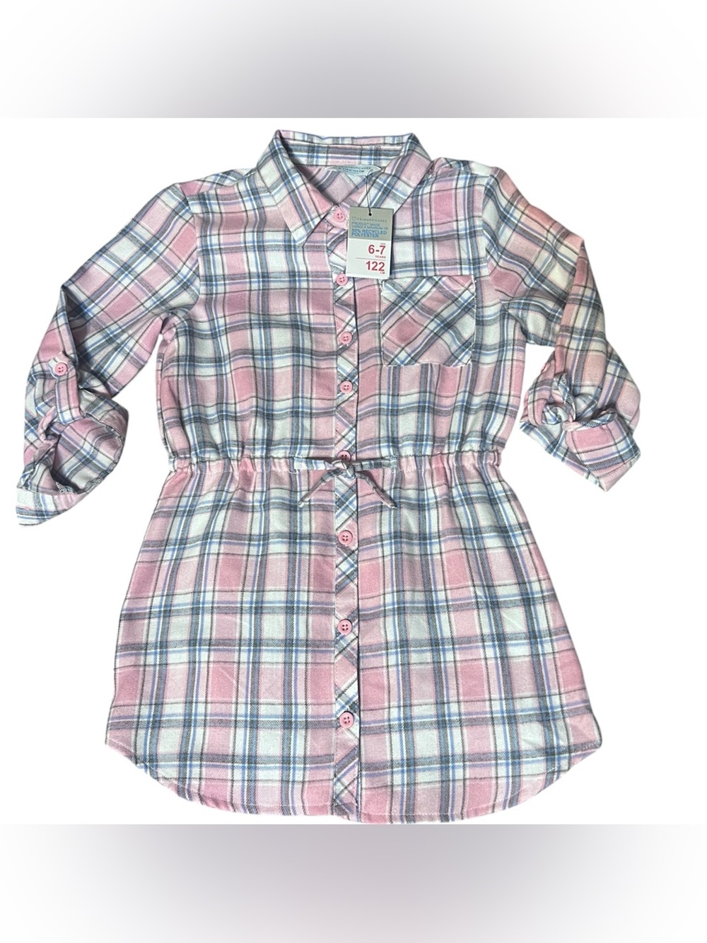 Primark Girls Pink Plaid Long Sleeve Button Down Shirt Dress Size 6-7